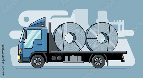 Industrial Truck Transporting Large Metal Coils For Construction Or Manufacturing