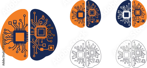 Bilateral brain divided into biological and technological halves featuring integrated circuit processor design elements.