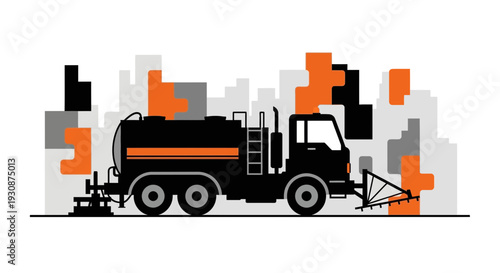 Industrial Vehicle Spraying Liquid In Abstract Cityscape Design