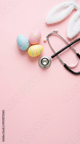Three pastel painted eggs with a medical stethoscope and fluffy white bunny ears on a pink background, healthcare holiday, festive medical concept, cute celebration, Easter, springtime festivity.