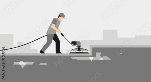 Industrial Worker Polishing Concrete Floor With Power Trowel Machine