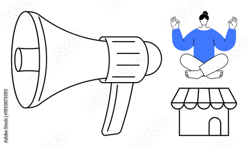 Social media, small business, mindfulness, branding, online presence, promotion. A megaphone, a meditating figure and a storefront. Social media and small business focus