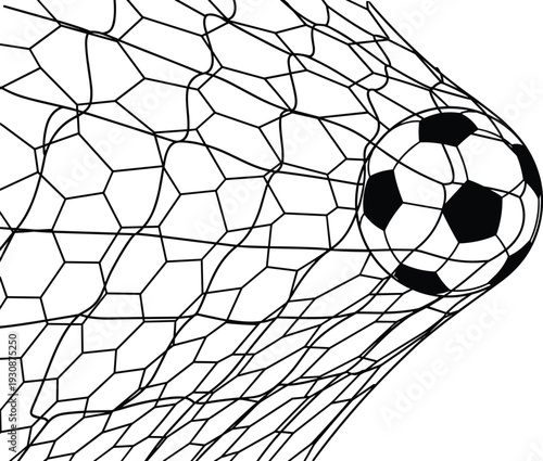 Soccer ball hitting the net vector illustration, football goal scoring moment, sports achievement icon, black and white line art design, isolated.