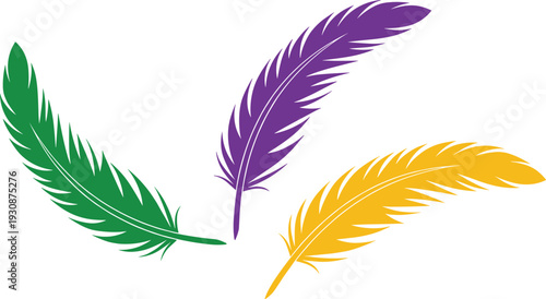 Mardi Gras feathers vector illustration, green purple and yellow carnival plumes, festive New Orleans party element, isolated on white background, design.