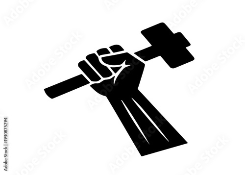 A black silhouette of a clenched fist holding a hammer