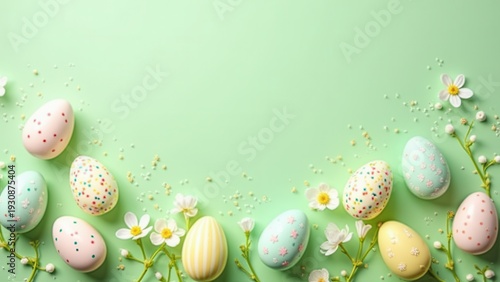 lively easter eggs with apple blossoms and sugar sprinkles on pastel green background top view with copy space spring festive flat lay concept of greeting cards, advertising, retail promotion