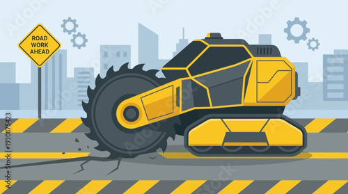 Innovative Road Construction Machine Cutting Asphalt in Urban Setting