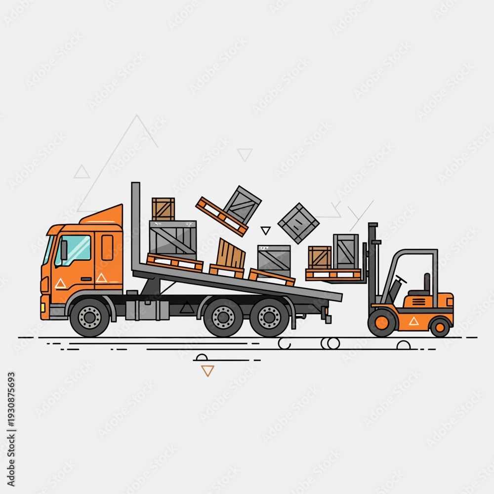 Obraz premium Logistics Operation Unloading Cargo From Truck Using Forklift Machine