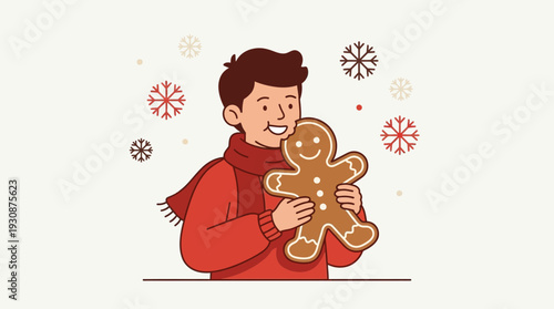 Joyful Youngster Embraces Festive Gingerbread Man Amidst Falling Snowflakes