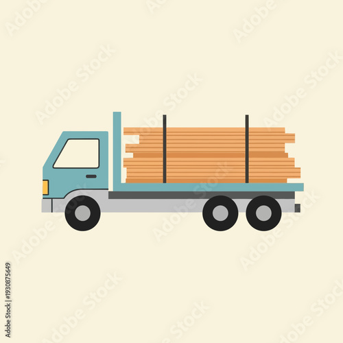 Light Blue Flatbed Truck Transporting Stacked Lumber Panels