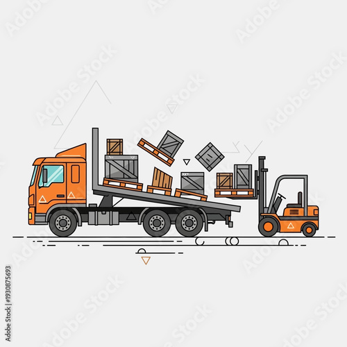 Logistics Operation Unloading Cargo From Truck Using Forklift Machine