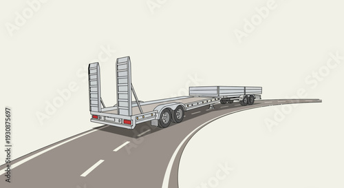 Long Bed Trailer Transporting Goods Down Curved Highway