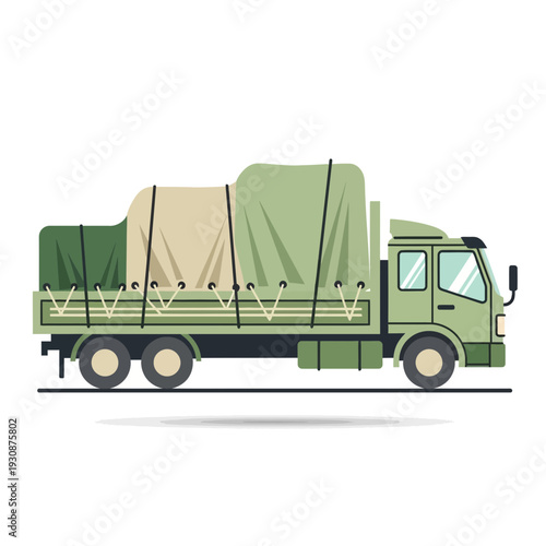 Military Flatbed Truck Transporting Covered Cargo Across Flat Terrain