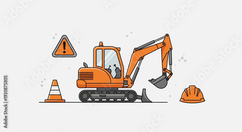 Mini Excavator Construction Site Safety Equipment Illustration