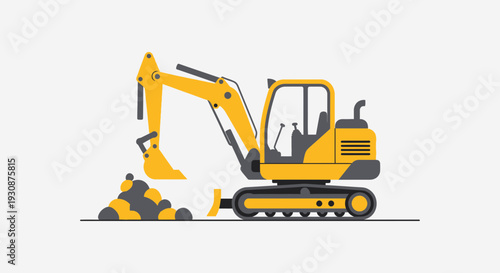 Mini Excavator Digging Dirt Pile Minimalist Flat Design