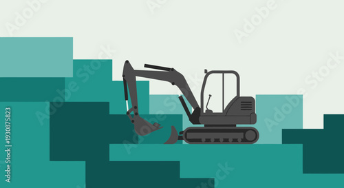 Mini Excavator Digging Abstract Staircase Construction Scene