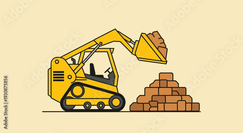 Mini Excavator Loading Bricks Pile Construction Vehicle Flat Design