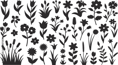 Collection of black silhouettes featuring wildlife farm animals birds parrots bats bears deer gazelles flowers meadow grass and nature elements