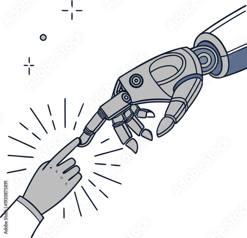 A futuristic robotic handshake between a human and an advanced robotic arm. Vector