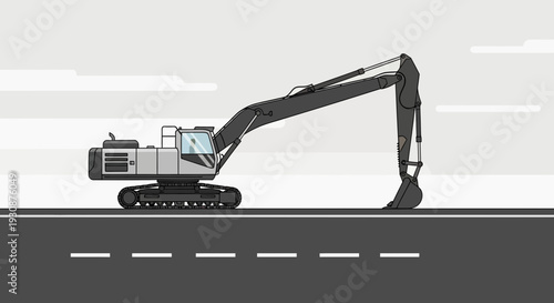 Minimalist Excavator Machine On Road With Clouds Background