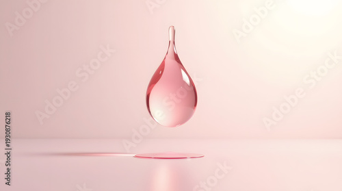 A single pink liquid droplet elegantly suspended above a smooth surface, creating a serene and minimalist aesthetic.