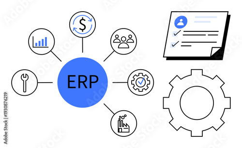 ERP central hub linking finance, analytics, HR, operations, and process optimization. Gear symbol for integration. Checklist accentuates task management. Ideal for business, efficiency organization