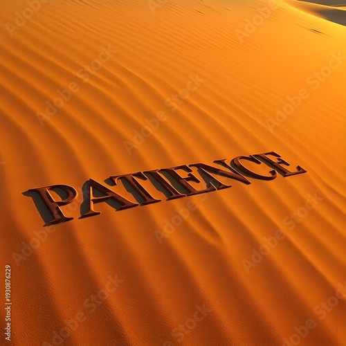 3D Word Patience Sculpted in Vast Desert Sand Dunes during Golden Hour