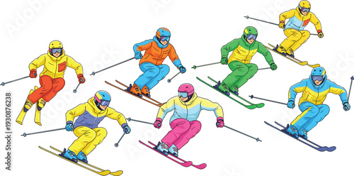 Skiers Dynamic Action Winter Sport Illustration Commercial