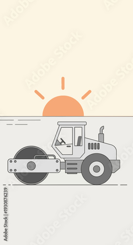 Minimalist Steamroller Icon Under a Stylized Sunrise Illustration