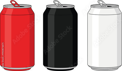 Aluminum Soda Can Mockup Vector Set, Red Black and White Blank Beverage Cans Isolated on Background for Packaging Design