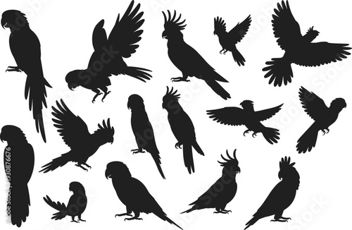 Massive collection of black silhouettes featuring African elephants wildlife farm animals parrots birds bats business people flowers and meadow grass