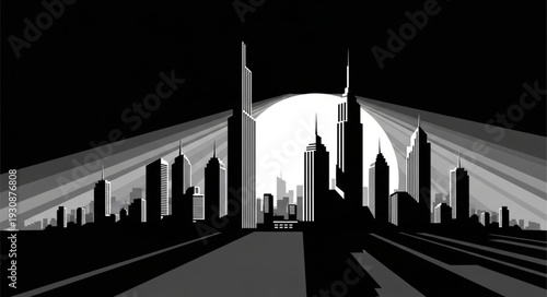 Dramatic Black and White Cityscape with Towering Skyscrapers and Bright Light.