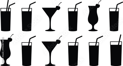 Cocktail and beverage glass silhouettes set, bar drink icons isolated on white background for restaurant menu and nightlife design