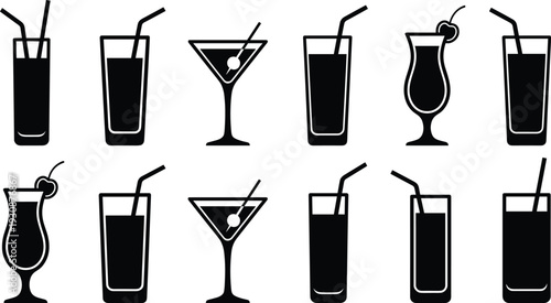 Cocktail glass outline and solid icon set, beverage drink silhouettes isolated on white background for bar menu and restaurant design