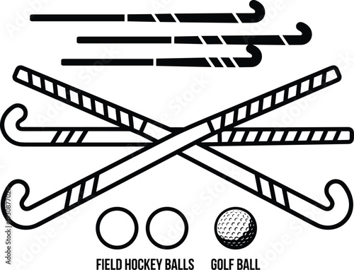 Field Hockey Sticks and Balls Vector Illustration, Crossed Hockey Equipment with Golf Ball Black and White Sports Design Set