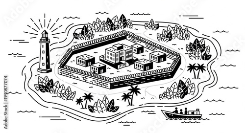 Island fortress with lighthouse and boat, a detailed illustration.