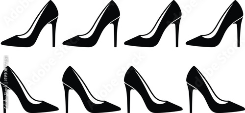 High heel shoes silhouette icon set, elegant women fashion footwear isolated on white background for boutique and style design