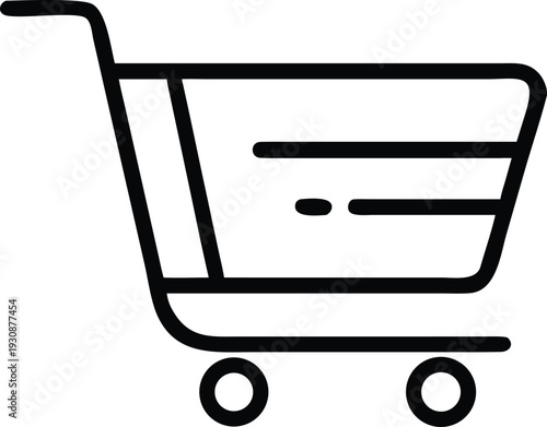 Simple black and white illustration of a shopping cart icon with handle and wheels Vector