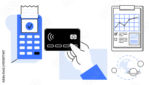 Digital transactions, e-commerce, financial management, payment systems, contactless technology, data analysis. A hand holding a card near a POS terminal, clipboard with graphs global icon. Digital