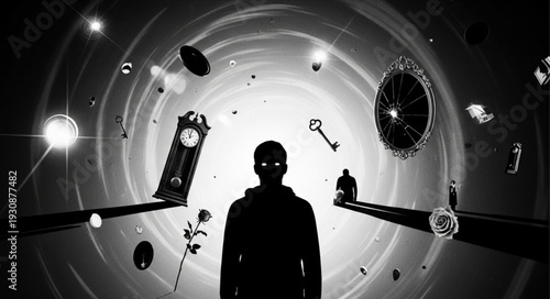 Silhouette of a person standing in a surreal, time-bending tunnel with floating objects.