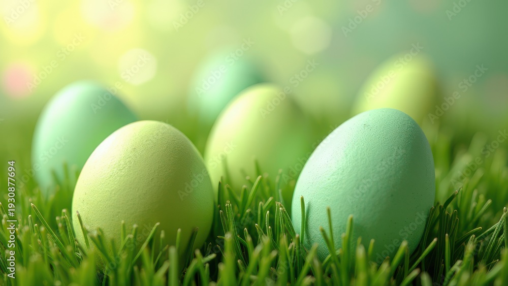 Fototapeta premium green easter eggs arranged on fresh grass background spring festive composition with natural texture and soft light concept of advertising branding retail