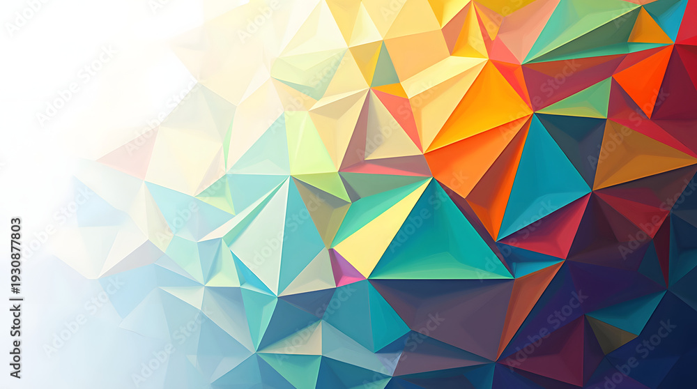 Obraz premium Vibrant geometric abstract art featuring colorful 3D triangular shapes creating a dynamic visual experience.