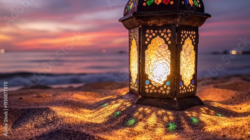 Ornate Moroccan Lantern Glows on Sandy Beach at Sunset with Ocean Waves and Colorful Sky