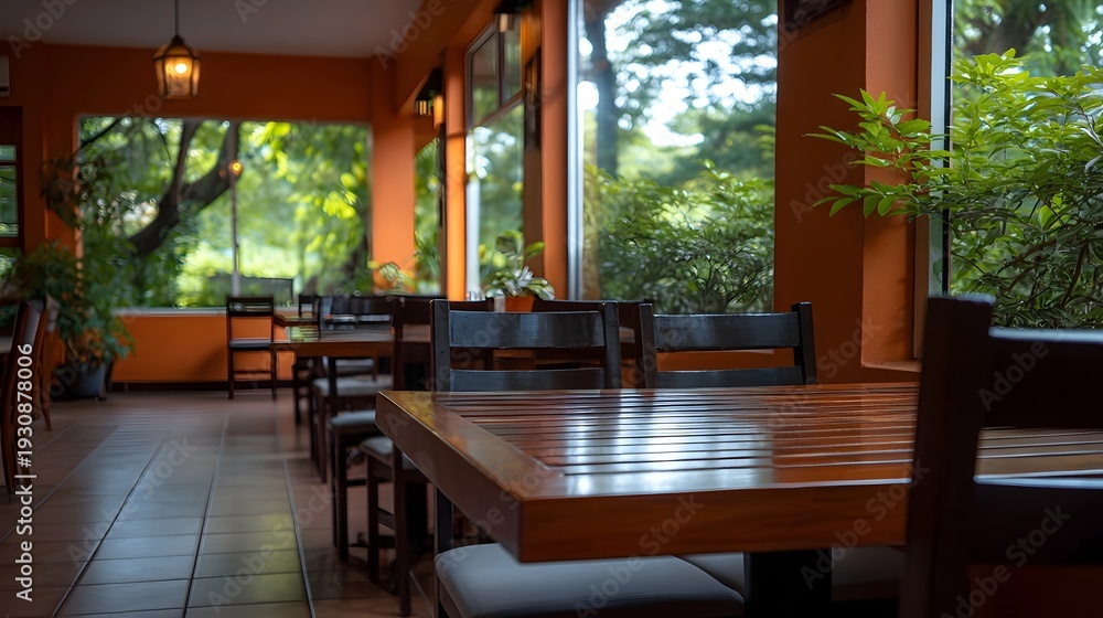 Fototapeta premium Interior of a bright and natural looking restaurant with orange walls and views of lush greenery through large