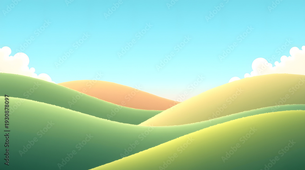 Obraz premium A serene landscape of rolling green hills under a bright blue sky with fluffy white clouds.