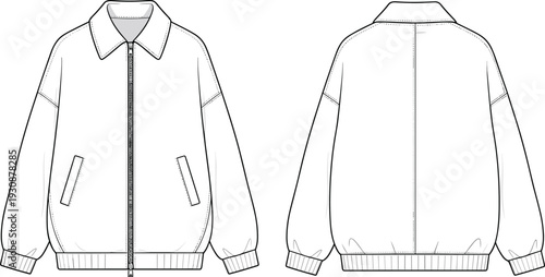 Bomber jacket mockup front and back view, blank zip up apparel template isolated on white background