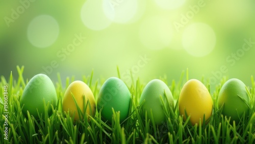 green easter eggs arranged on fresh grass background spring festive composition with natural texture and soft light concept of advertising branding retail