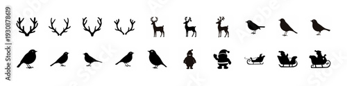 Deer Birds and Nature Silhouettes Wildlife Icon Set - Collection of wildlife silhouettes including deer, birds, and nature elements, ideal for forest themes, outdoor design, and animal illustration pr