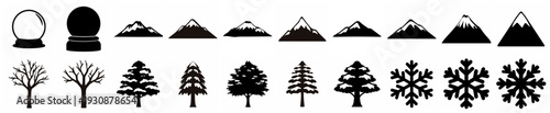 Mountain Landscapes and Tree Silhouette Icon Set -Black silhouette collection featuring mountain ranges, trees, snowflakes and circular landscape elements arranged as simple icons isolated on white ba