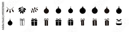 Christmas Ornaments and Gift Box Icon Set - Black silhouette collection featuring Christmas baubles, gift boxes, bows and festive decorations arranged as simple holiday icons isolated on white backgro